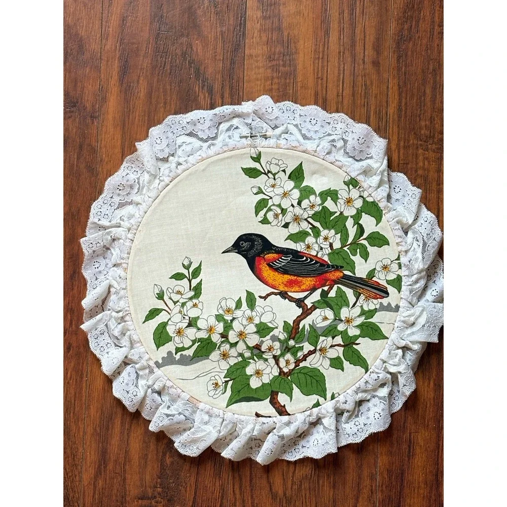 Vtg Goldfinch Bird Fabric Wall Hanging Lace Ruffle Embroidery Hoop Cottagecore